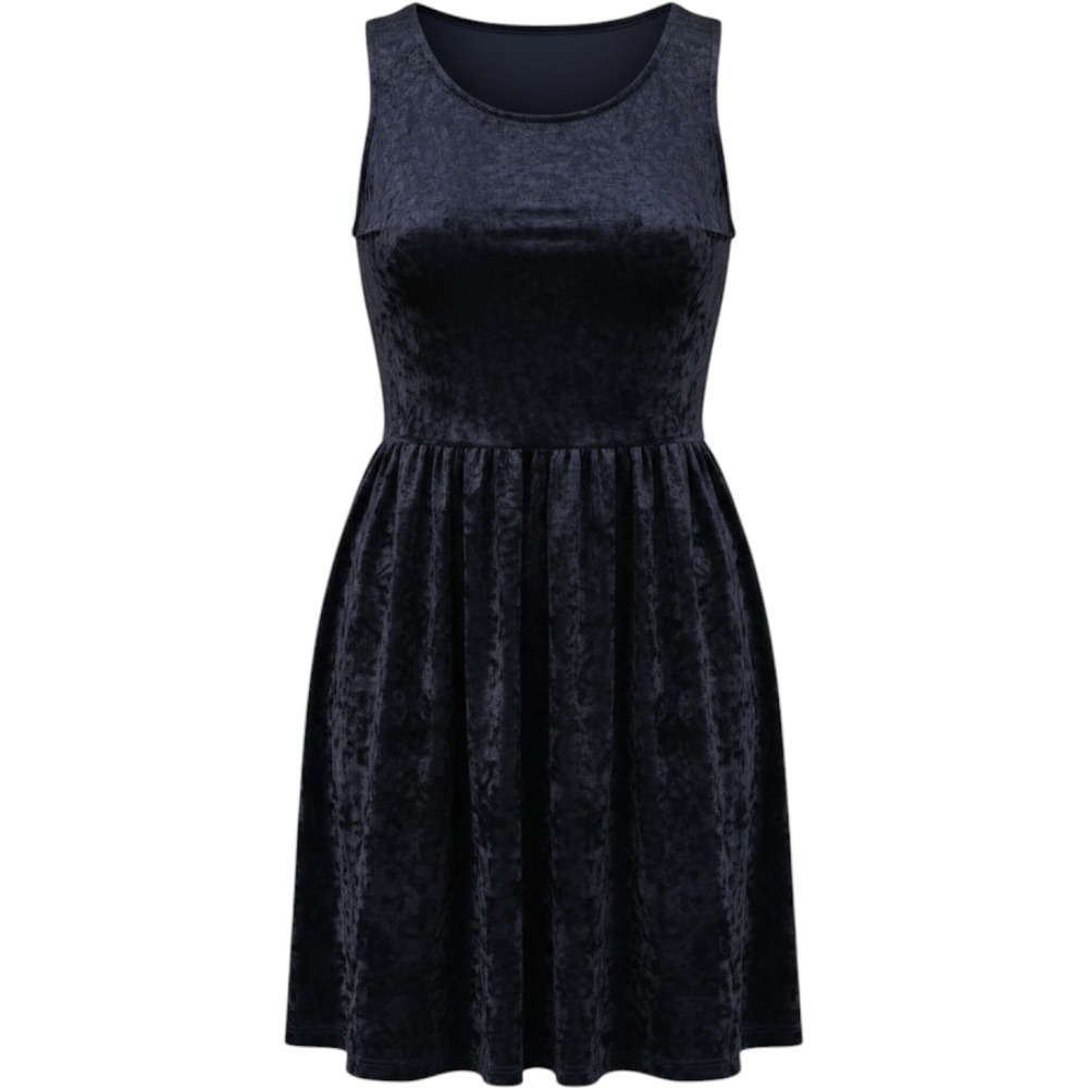 So Rad Navy Blue Crushed Velvet Sleeveless Skater Dress Medium Scoop Neck Fit